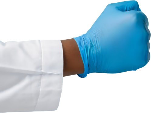 Hand in a blue latex glove making a fist