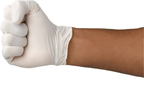 Hand in a white latex glove making a fist
