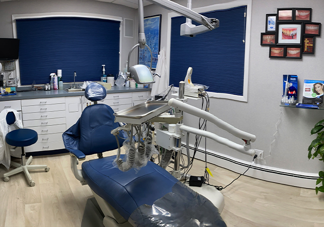 Angled front view of dental chair