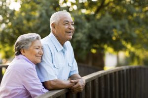 Senior couple enjoy afternoon on bridge