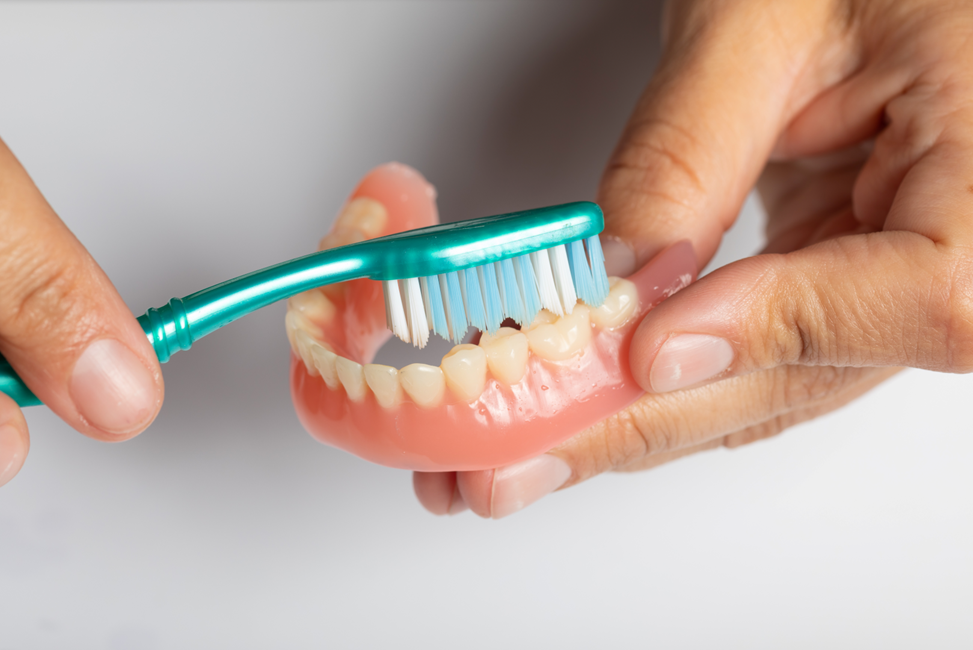 close-up of man cleaning denture